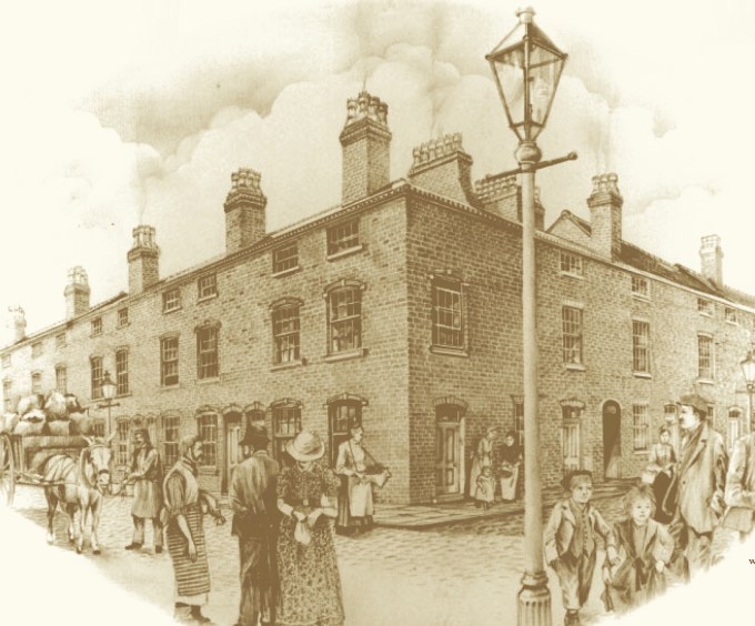 The corner of Inge Street and Hurst Street c1840 (a sketch of what it may have looked like at this time - produced for Birmingham City Council in 1985)